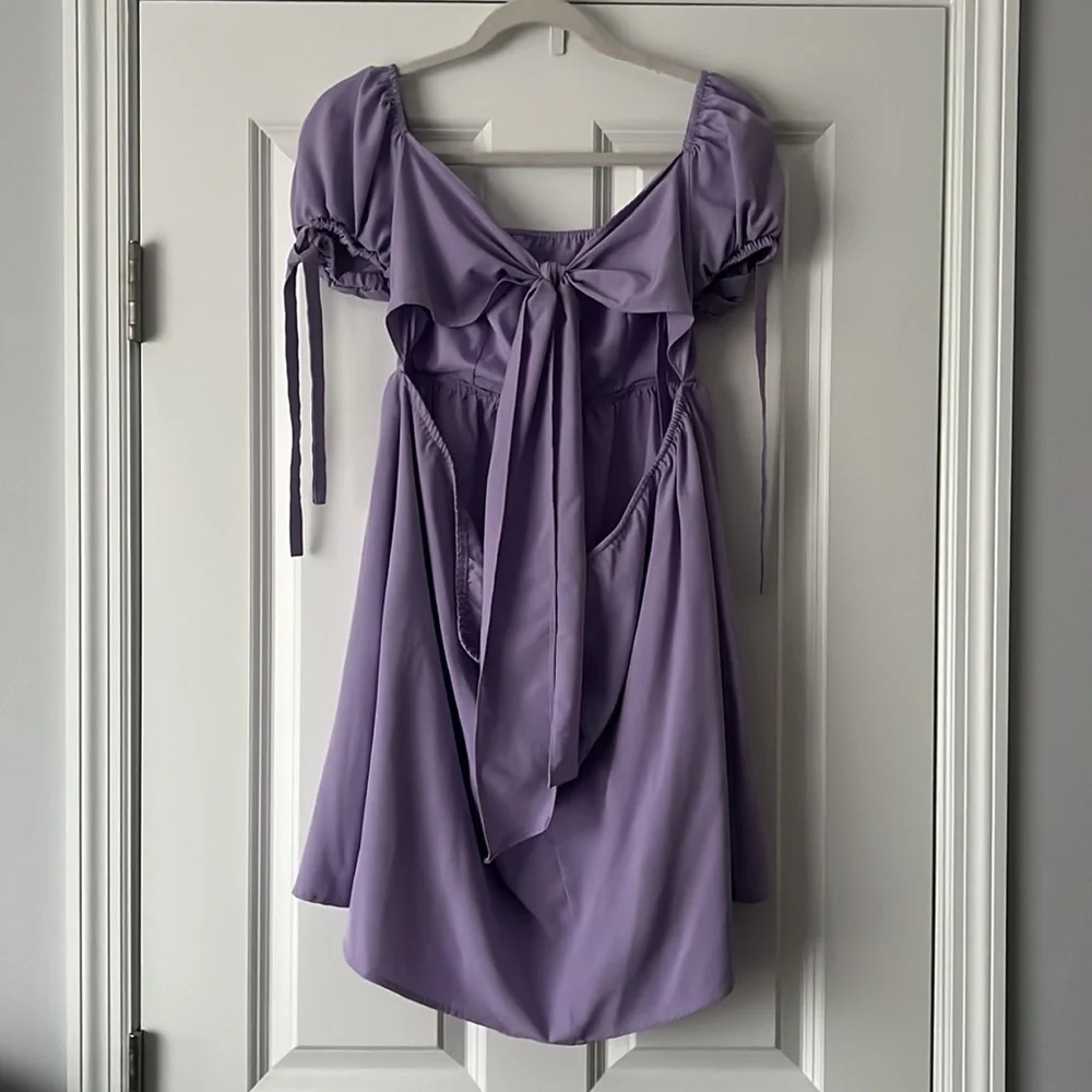 EXLURA Square Neck Backless Tie Back Short Puff Sleeve Babydoll Dress - Picture 5 of 6